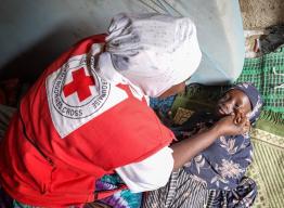 Cameroon Red Cross volunteer, Ramatou, checks a girl's eyes for redness and looks out for other signs and symptoms of measles.