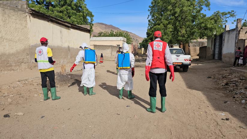 Cameroon Red Cross volunteers conduct disinfection in the Far North region following the declaration of a cholera epidemic in November 2024.
